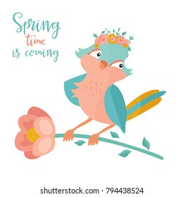 Vector illustration. Hello spring image with a lovely bird in floral wreath
