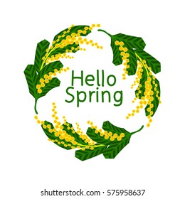 Vector illustration. Hello Spring. Mimosa wreath. Round frame. Isolated illustration on white background.