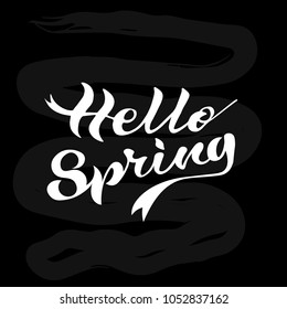 Vector illustration of Hello Spring text on black background. Hand lettering for inspirational poster, card etc.Design for holiday greeting card and invitation of seasonal spring holiday.