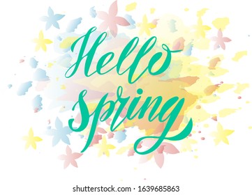 Vector illustration of Hello Spring text for logotype, t-shirt, banner, magazine, poster, decoration, postcard. Hello Spring calligraphy background. Hello Spring lettering. EPS 10.