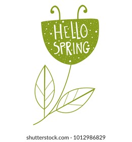 Vector illustration of Hello Spring words in green bright flower. 