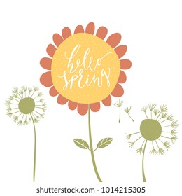 Vector illustration of Hello Spring words in sunflower at dandelions.