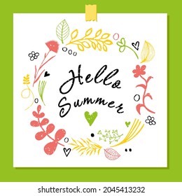 Ilustración vectorial Hola verano. Elementos botánicos vectoriales y flores brillantes coloridas dibujadas por las manos. Elementos decorativos de flores redondas para el diseño. Eps 10.