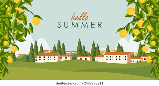 Ilustración vectorial. Hola verano, diseño de folletos, fondo para la página de aterrizaje, cubierta, banner horizontal. Ciudad de verano.