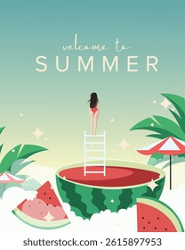 Vector illustration. Hello summer, summer card, poster, banner, welcome to summer. Modern design. Summer party. Watermelon, fruits.