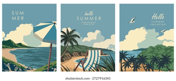 Vector illustration. Hello summer, summer cards, collection, set. Sea, summer.