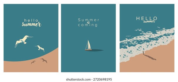Ilustración vectorial. Hola verano, el verano está llegando. Un conjunto de postales, carteles y Anuncios. Mar.
