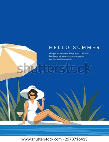 Vector illustration. Hello summer, girl near the pool with a cocktail. Postcard, cover, card, poster. Modern design.