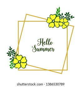 Vector illustration hello summer with green leafy wreath frame