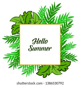Vector illustration hello summer with green leafy wreath frame