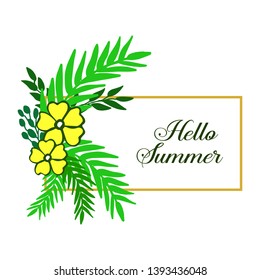 Vector illustration hello summer with green leafy wreath frame hand drawn