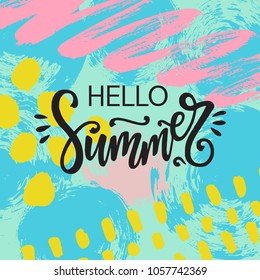 Vector illustration, hello Summer greeting card with hand drawn abstract background and hand written lettering.