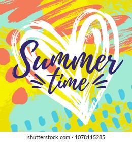 Vector illustration, hello Summer greeting card with hand drawn abstract paint background.