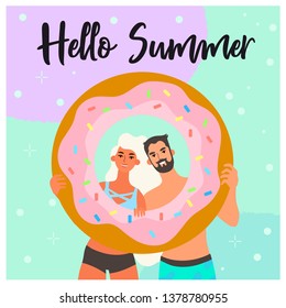 Vector Illustration Of A Hello Summer Greeting Card Or Banner With A Couple  Holding Colorful Doughnut Inner Tube, Summer Theme.