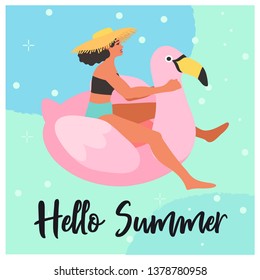 Vector illustration of a hello summer greeting card or banner with a girl on an flamingo inner tube on a blue background, Summer theme.