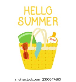 Vector illustration. Hello summer - hand lettering design. The inscription on a white background. Large yellow beach bag with towel, sunscreen, sunglasses