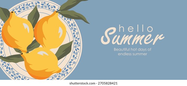 Ilustración vectorial. Hola verano, limones en un plato, Anuncio, fondo, cubierta, postal.
