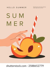 Vector illustration. Hello summer, poster, banner, postcard, cover. Fruits, fruit juice, hand. Modern design.