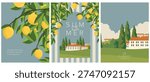 Vector illustration. Hello summer. A set of postcards, covers, backgrounds, and banners. Summertime, vacation, flower field, house. Retro style.