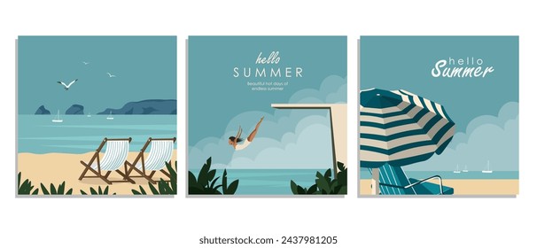 Vector illustration. Hello summer! Set of square banners for social media, cards, posters, covers. Summer beach, vacation, travel.