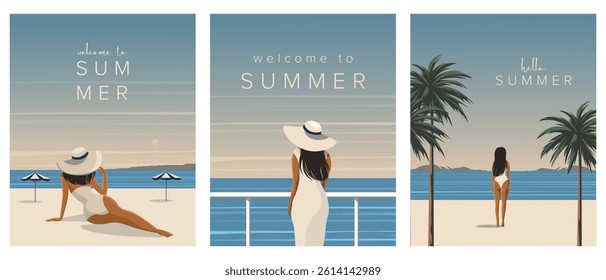 Vector illustration. Hello summer, set of banners, posters, postcards, covers. Modern design. Summer, vacation, girls on the beach.