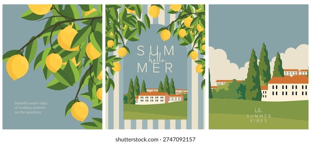 Vector illustration. Hello summer. A set of postcards, covers, backgrounds, and banners. Summertime, vacation, flower field, house. Retro style.