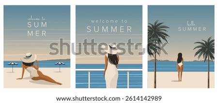 Vector illustration. Hello summer, set of banners, posters, postcards, covers. Modern design. Summer, vacation, girls on the beach.