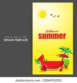 Vector illustration of Hello Summer social media story feed mockup template