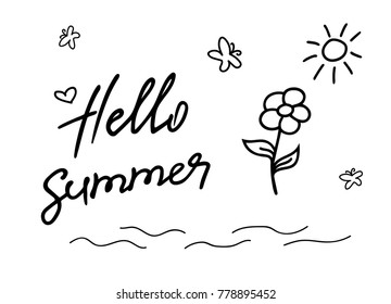 Vector illustration Hello Summer with sun, flower and butterflies. Hand lettering Hello Summer for icon, banner, poster, card, billboard, sticker, flyer. Calligraphic design. Doodle style.