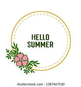 Vector illustration hello summer text with beautiful green leafy floral frame