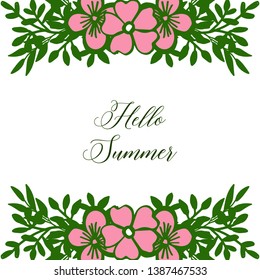 Vector illustration hello summer text with beautiful green leafy floral frame