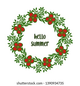 Vector illustration hello summer text with pattern red flower frame