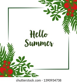 Vector illustration hello summer text with pattern red flower frame