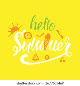Vector illustration Hello summer text for greeting card, tag, badge. Design for t-shirts, cards, banners. calligraphy background. Hello Summer lettering typography.