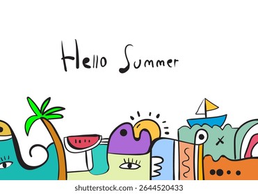  vector illustration with "Hello Summer" text, featuring a whimsical border of abstract