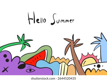  vector illustration with "Hello Summer" text, featuring a whimsical border of abstract