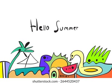  vector illustration with "Hello Summer" text, featuring a whimsical border of abstract