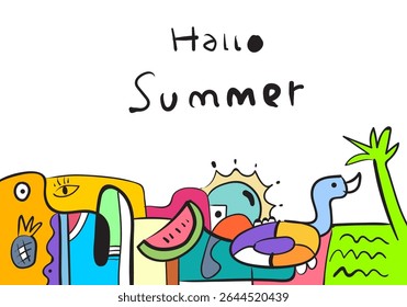  vector illustration with "Hello Summer" text, featuring a whimsical border of abstract