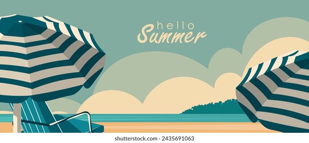 Vektorgrafik. Hallo Sommer, tropische Insel, horizontales Banner, Sommerverkauf, Broschüre. Reisen, Tourismus.