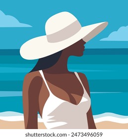 Vector illustration of hello summer, vacation, tropics, beautiful woman in a hat on vacation on the background of the ocean sea. Tanned woman tourist in a white dress on the beach