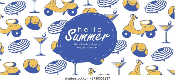 Vector illustration. Hello summer, summer vibes, Italy, background, banner, cover.