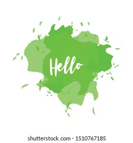 Vector illustration of Hello text on watercolor imitation color splash. Vector watercolor background. Colorful abstract texture. For banner, poster, flyer, card. 