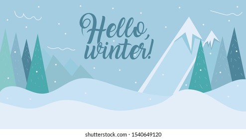 Vector illustration Hello winter. Christmas flat landscape.  Forest with mountains, snowdrifts and fir-trees. New Year greeting card. Seasonal nature background