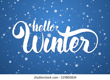 Vector illustration: Hello Winter elegant modern brush lettering on blue snowflake background.