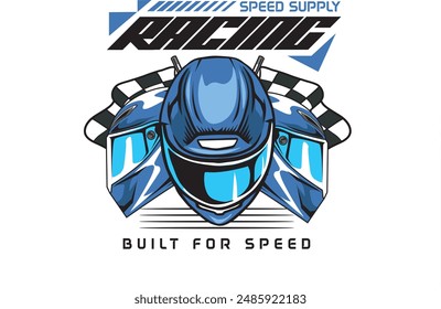 Vector Illustration of Helmet and Racing Flags with Vintage Illustration Available for Tshirt Design