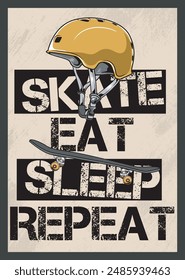 Vector Illustration of Helmet and Skateboard with Vintage Illustration Available for Poster