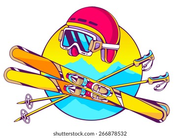 Vector illustration of helmet and skis on white background with blue mountains. Hand draw line art design for web, site, advertising, banner, poster, board and print.