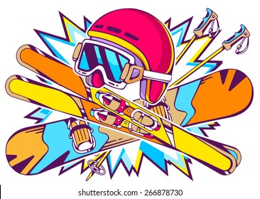 Vector illustration of helmet, snowboard and skis on a background of bright color. Hand draw line art design for web, site, advertising, banner, poster, board and print.