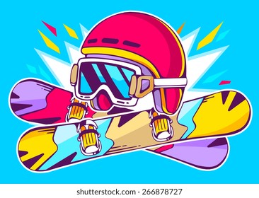 Vector illustration of helmet and snowboards on blue background with bright sparks. Hand draw line art design for web, site, advertising, banner, poster, board and print.