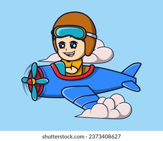 vector illustration of a helmeted pilot driving a cute airplane. transportation icon concept